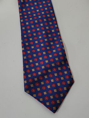 Pierre Cardin Blue Tie with Red and Gold Geometric Medallions